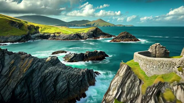 Explore the breathtaking coastal cliffs of Dunquin on the Dingle Peninsula in County Kerry, Ireland, where waves crash against dramatic rock formations under a vibrant sky