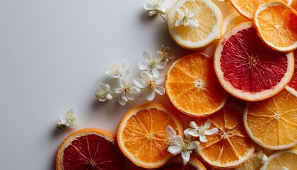 Vibrant citrus slices and delicate white blossoms arranged on a white background, capturing a refreshing and natural theme.