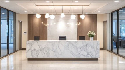 Refined Lobby Interior with Marble Reception Desk and Modern Lighting Design