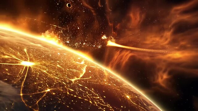 A shooting star plunges into Earth's orbit, illuminating the atmosphere with bright flames as it approaches the planet, creating a stunning night sky spectacle filled with energy and light