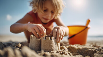 Child building sandcastle on sunny beach with orange bucket nearby.
