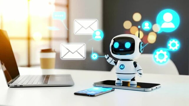 Cute Futuristic AI Robot with Email Icon in Modern Office Workspace