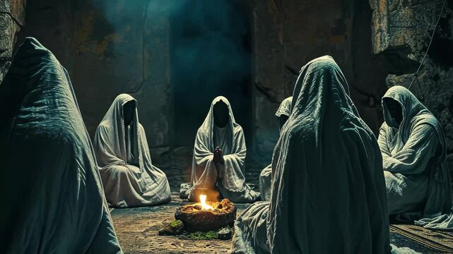 A secret society gathers for a ritual ceremony in a darkened chamber, participants in hooded cloaks surrounding a flickering fire at night in an ancient, mysterious location