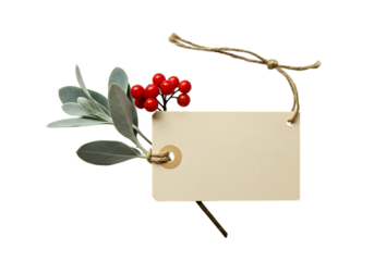 Cream Tag Red Berries Silver Leaves isolated on a transparent background