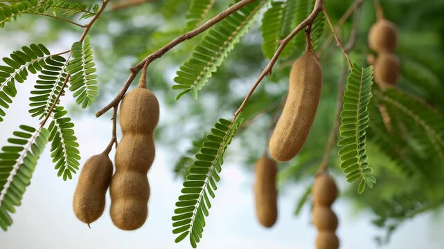Tamarind Tree Lush Green Leaves and Ripe Brown Pods Hanging Abundantly Nature Photography Stock Image
