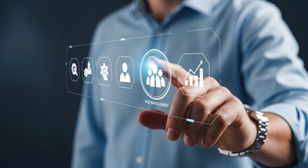 Man interacting with a digital interface displaying risk management icons and data visualization elements