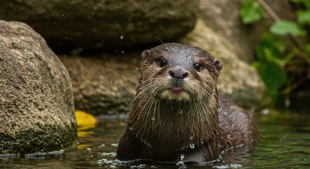Fototapeta premium A wet otter emerges from the water, glistening with droplets against a rocky, green backdrop.