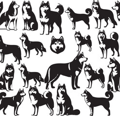 Siberian Husky Dog Vector Illustration in Black and White 