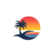 Sunset beach logo with palm tree