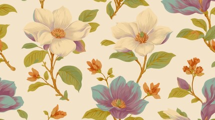 Colorful floral pattern with vintage magnolia flowers and leaves on cream background