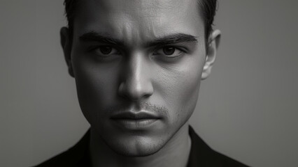 Obraz premium Powerful Black and White Portrait of a Confident and Serious Young Man with a Penetrating Gaze, Conveying Determination and Authority