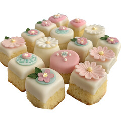 Petit Fours, each with a delicate sponge cake base, covered in a smooth glaze, and intricately decorated with fondant flowers or designs