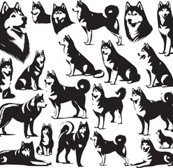 Siberian Husky Dog Vector Illustration in Black and White 