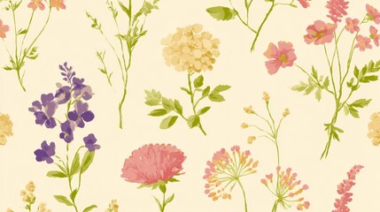 Vintage botanical pattern with colorful flowers and greenery on cream background