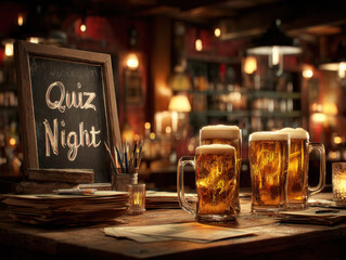 Exciting quiz night with friends at a lively local bar featuring drinks