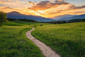 Obraz premium Winding Dirt Path Through a Green Field Towards Distant Mountains at Sunset.