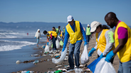 Group of volunteers cleaning up litter from a beach during environmental campaign.
