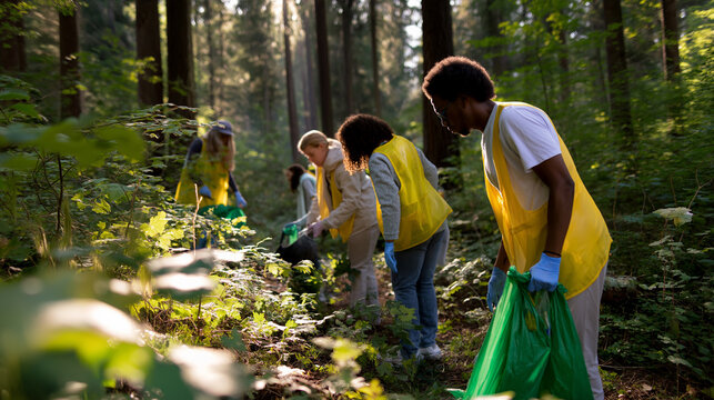 Group of volunteers picking up trash in a forest during cleanup event.
 - Powered by Adobe