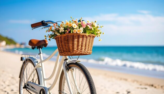 Seaside vacation with bicycle and floral basket on beach, waves in the background.