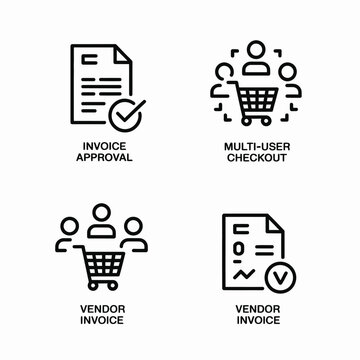 Four Black Line Icons Depicting Invoice Approval Multi User Checkout and Vendor Invoice Processes on White Background