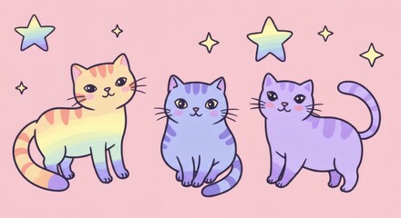 Fototapeta premium Adorable Pastel Rainbow Cats and Stars Cute Cartoon Kittens Illustration