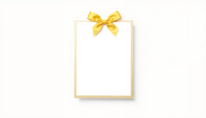 Blank white card with gold frame and yellow ribbon on top  