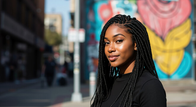 African American woman with long box braids and hoop earrings on vibrant street art background. Protective hair styling and cultural braiding for salon services