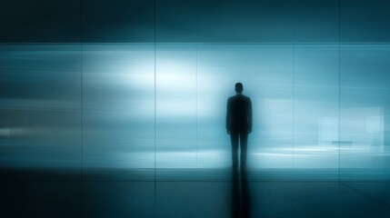 Fototapeta premium Solitary figure silhouetted against a large illuminated blue wall in a sleek modern room with reflective dark floor, soft glow, long shadow, cool tones, minimalist design, futuristic atmosphere.