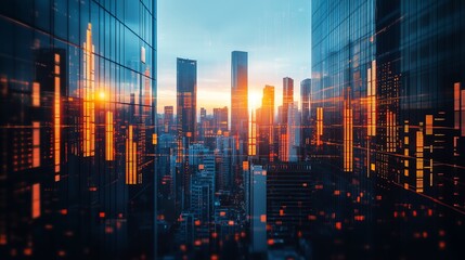 Statistical and Stock Market Data Processing Against View of Tall Buildings, Minimalistic Design, Clean and Modern