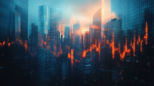 Forex trade market, growing digital candlestick, sunny skyscrapers, double exposure, minimalist design