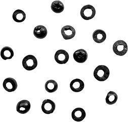 A collection of small black circular objects resembling beads or seeds scattered across a white background.
