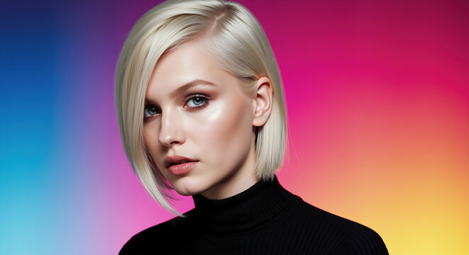Woman with platinum blonde asymmetrical bob on gradient background. Modern hair cutting and bleaching techniques for contemporary salon treatments and fashion styling