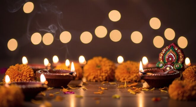 Illuminated Diwali Clay Diyas with Marigold Flowers and Festive Lights - Powered by Adobe