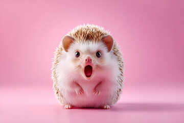 Funny shocked and cute hedgehog with open mouth on pink background. Adorable surprised 3d animal.