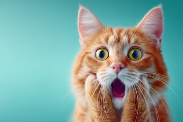 Funny shocked ginger cat with big green eyes. Surprised domestic pet portrait on a blue background.