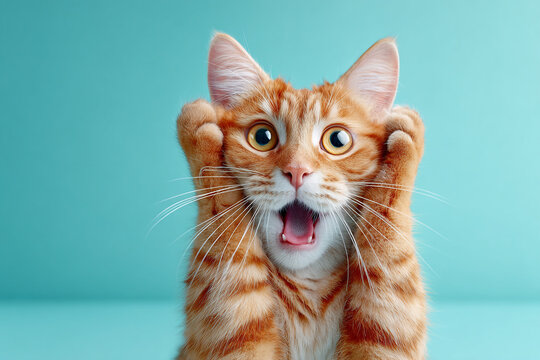 Funny shocked ginger cat with paws on its face. A cute pet with a surprised expression.