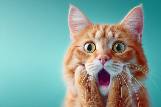 Funny shocked ginger cat with big green eyes. Surprised domestic pet portrait on a blue background.