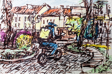 food delivery courier in the morning in the city. hand-drawn illustration