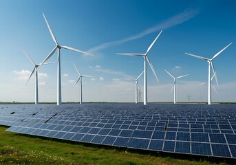 Electricity Power in Nature: Clean Energy Concept with Solar Panels, Wind Turbines, and High-Voltage Tower