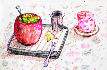 hand-drawn illustration with colored pencils ginger tea with mint and a piece of meringue roll