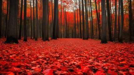 Autumn Forest Path: A Vibrant Red Carpet of Fallen Leaves