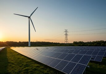 Electricity Power in Nature: Clean Energy Concept with Solar Panels, Wind Turbines, and High-Voltage Tower
