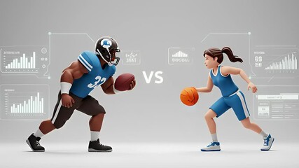 Dynamic sports showdown between a football player and a basketball player in a digital setting