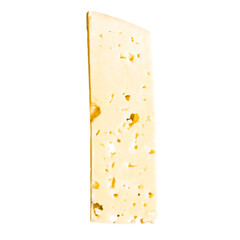 A slice of cheese with holes, showcasing its texture and color.