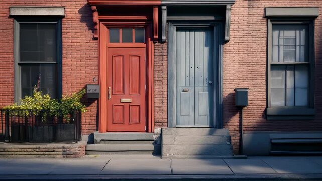 Charming urban duplex facade with vibrant doors and classic brickwork showcases city living