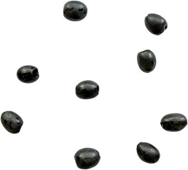A collection of small black seeds arranged in a circular pattern on a white background.