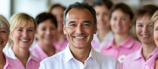 Group of diverse individuals promoting breast cancer awareness with pink shirts