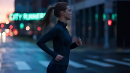 Woman running in city street at night