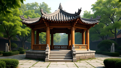 Obraz premium Traditional Chinese Wooden Gazebo in a Serene Garden