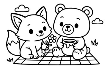 Fototapeta premium Fox and Bear Friendship Picnic Vector Coloring Page for Kids